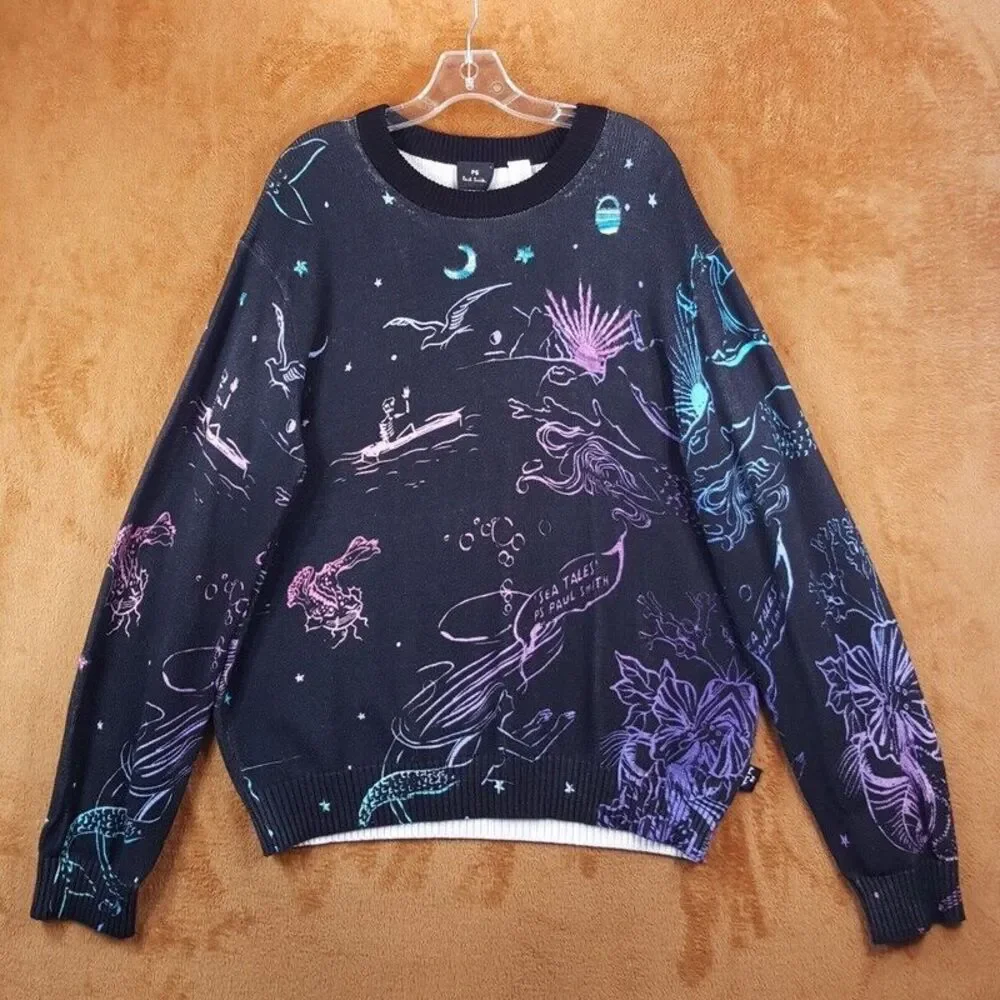 PAUL SMITH Sweater Mens Large Faded Black Pullover Crew Sea Tales Galaxy $275